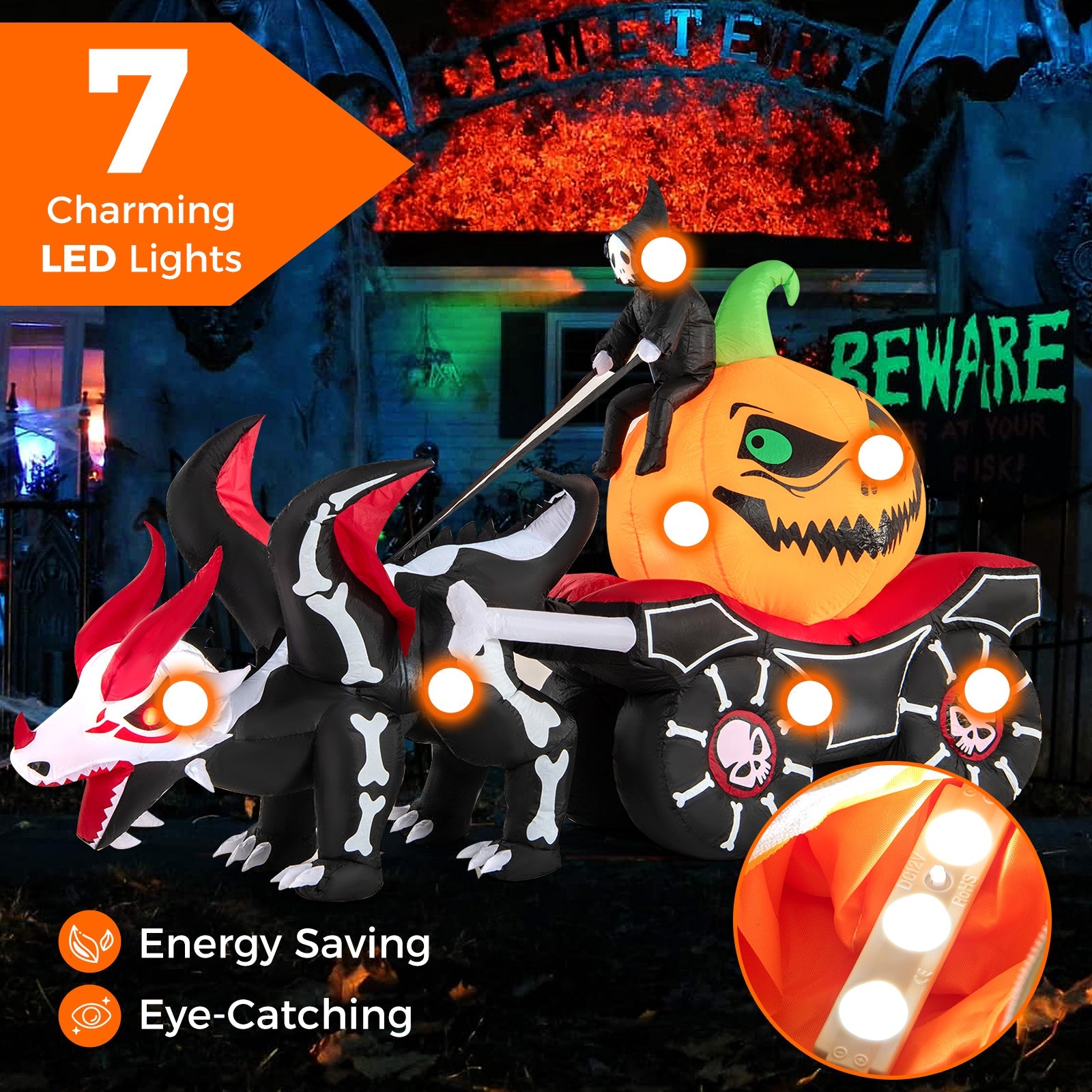 Halloween Inflatable LED Carriage with Pumpkin and Skeleton Dragon, orange pumpkin, DirectDeals on Tampa Home & Garden Store