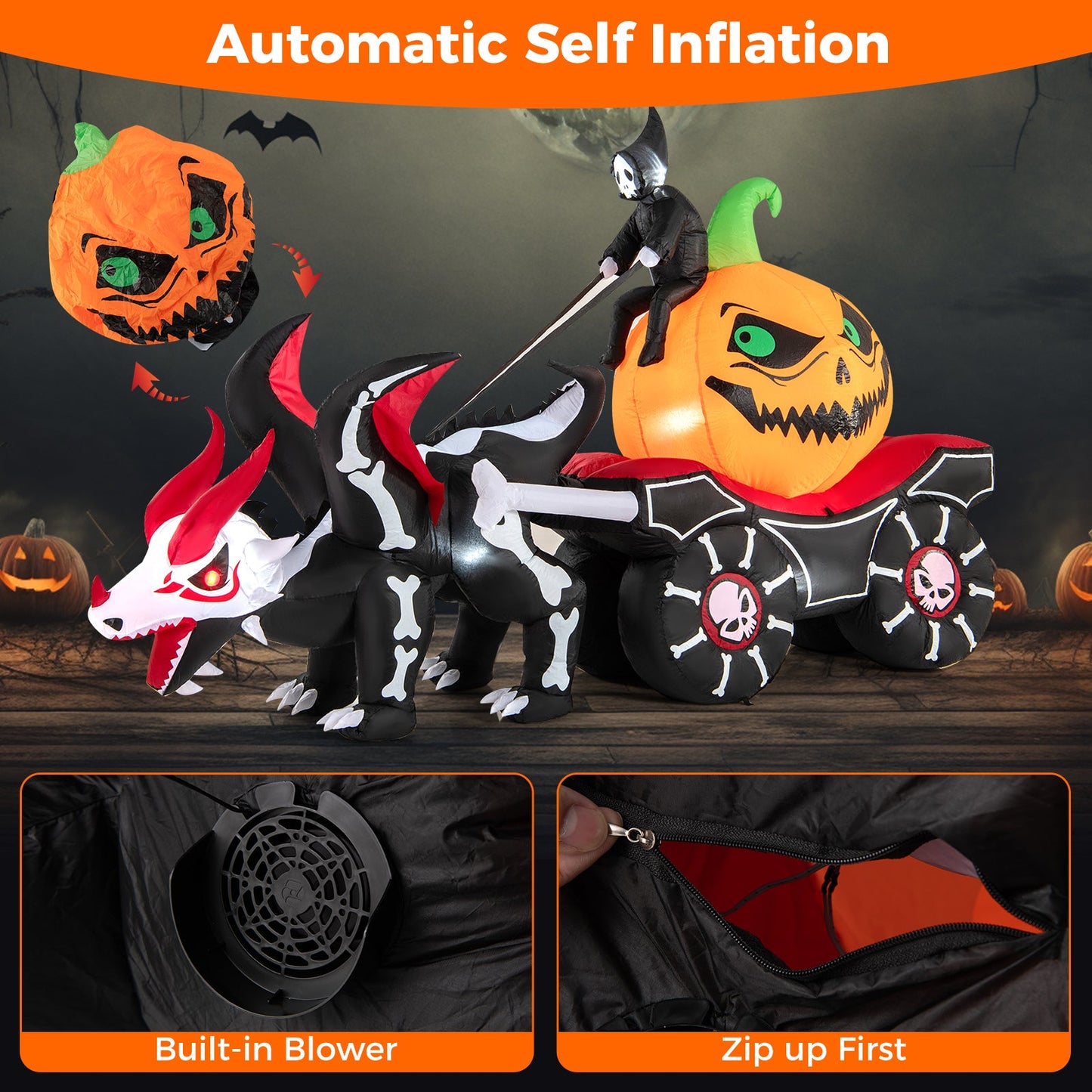 Halloween Inflatable LED lighted pumpkin carriage with skeleton dragon by DirectDeals on Tampa Home & Garden Store
