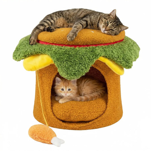 Hamburger Cat Nest with Drumstick Toy and Cushion