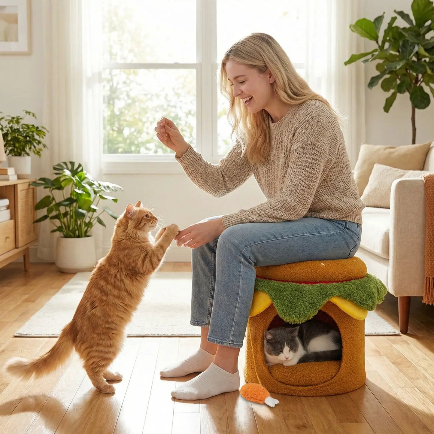 Hamburger Cat Nest with Drumstick Toy and Cushion