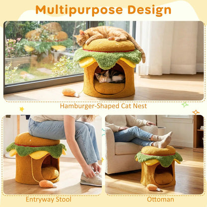 Hamburger Cat Nest with Drumstick Toy and Cushion