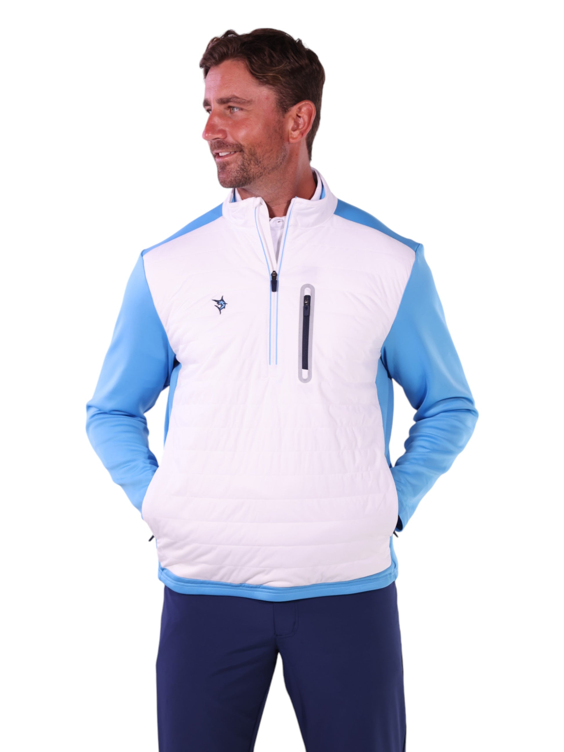 Hampton Pullover Technical Layer quarter-zip white with blue sleeves by White Water Life on Tampa Home & Garden Store