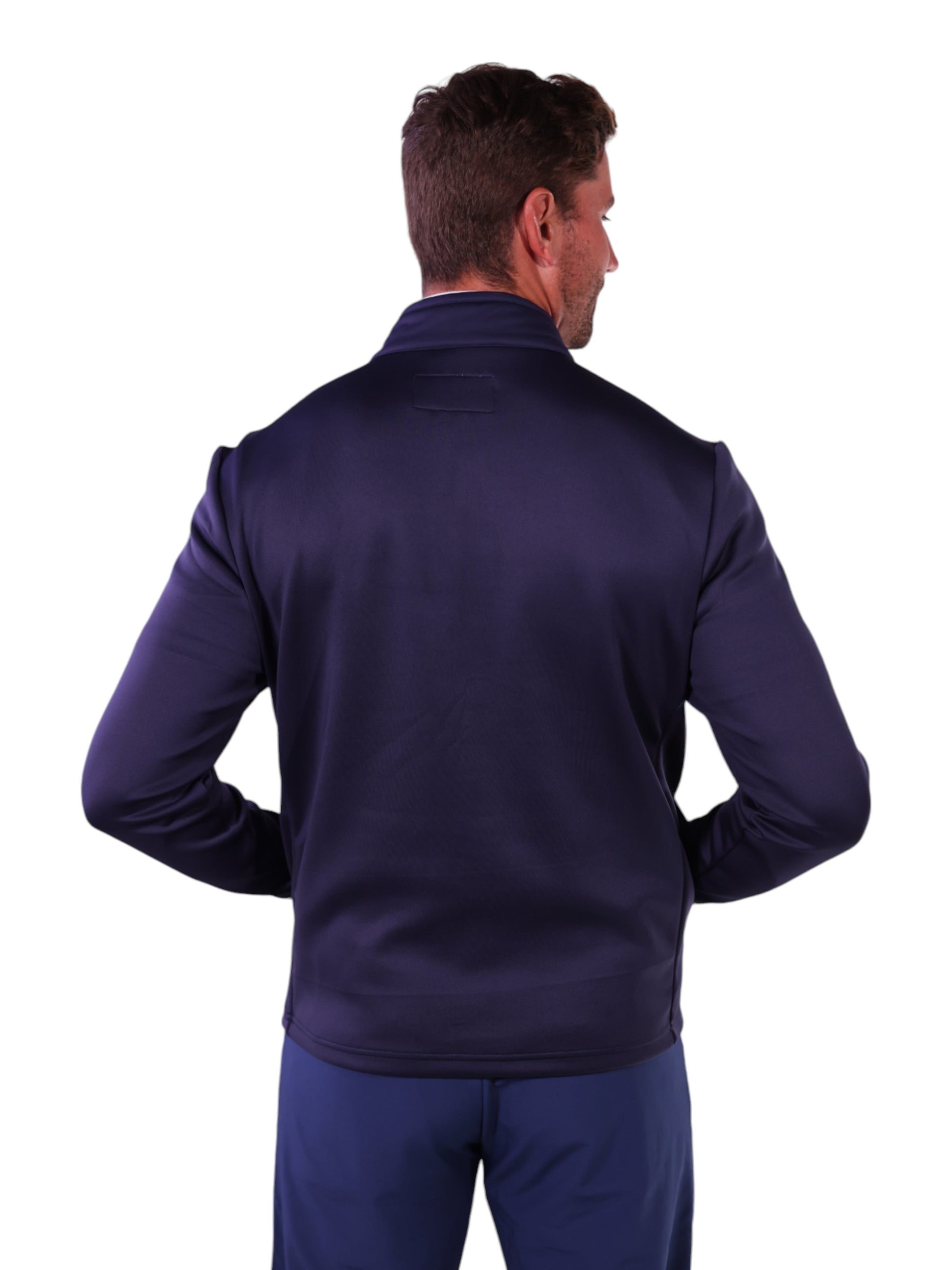 Hampton Pullover Technical Layer navy quarter-zip outerwear back view with stand collar on Tampa Home & Garden Store