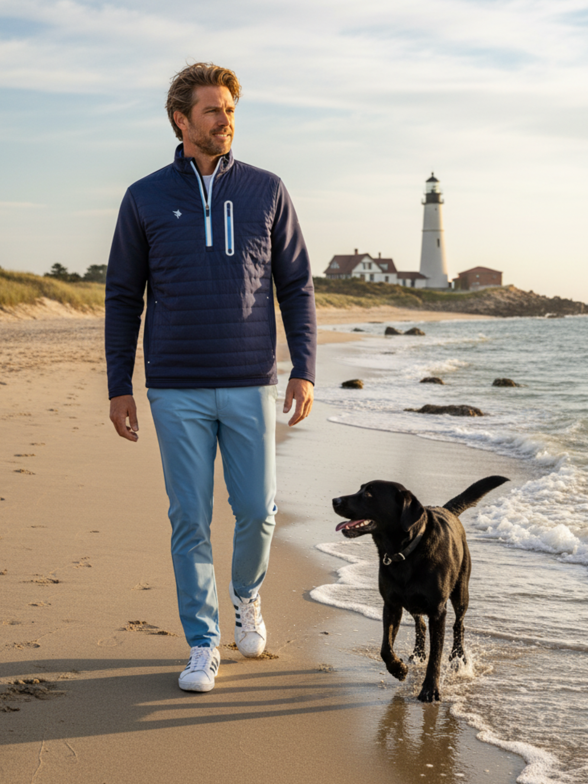Hampton Pullover Technical Layer navy quarter-zip outerwear worn by man on beach on Tampa Home & Garden Store