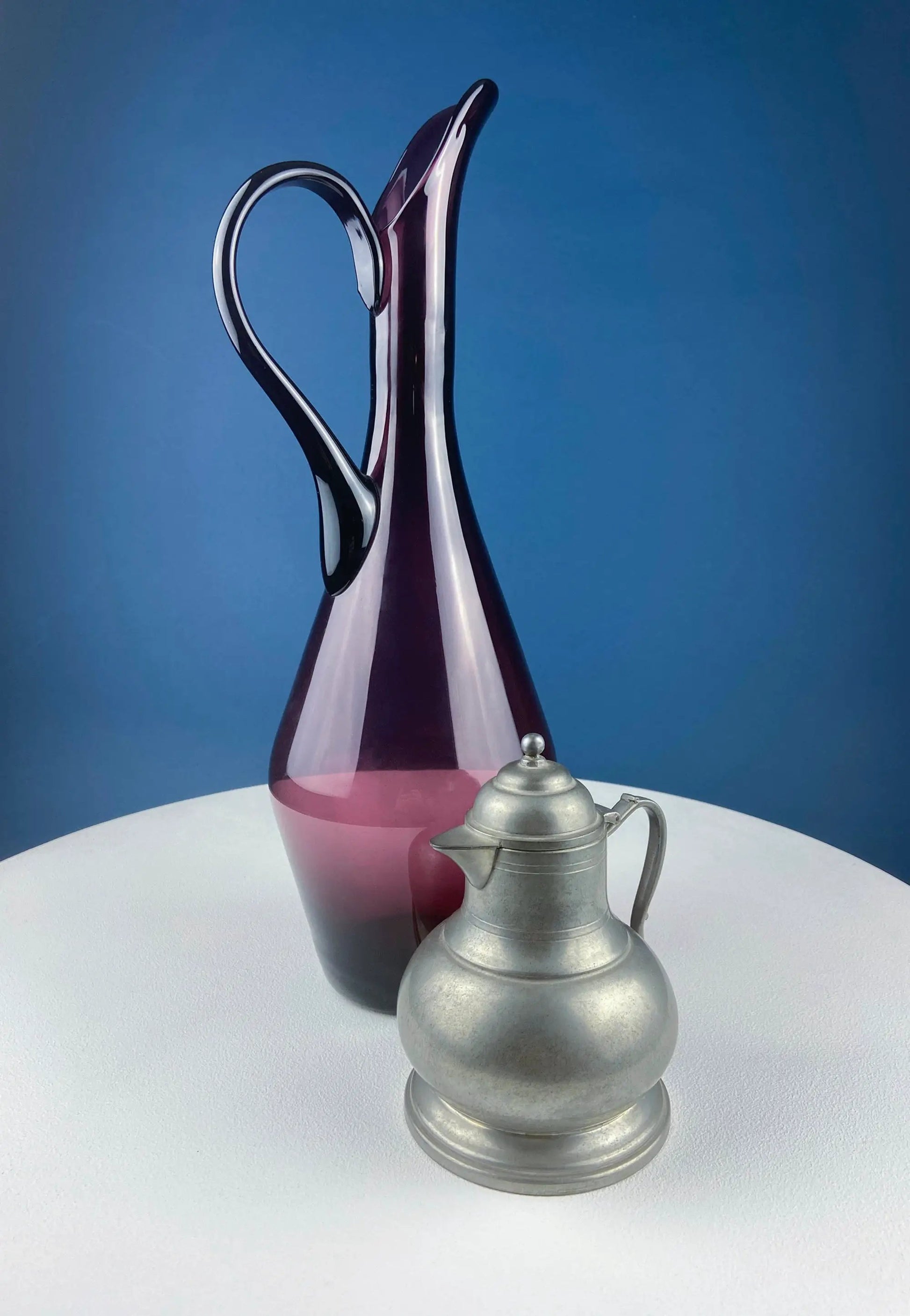 Hand blown purple glass pitcher vase with curved handle, sculptural vase by Anything Discovered on Tampa Home & Garden Store