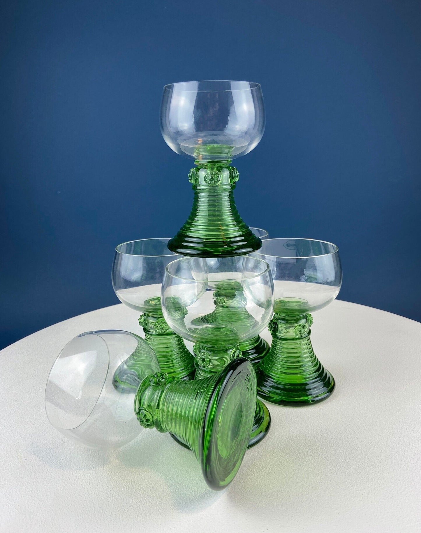 Hand Blown Wine, Water or Margarita Goblets. 6 Clear Bowls with Green Ribbed Stems. Roemer Green by CRISTAL D'ARQUES-DURAND. Wedding Gift. - Tampa Home & Garden Store