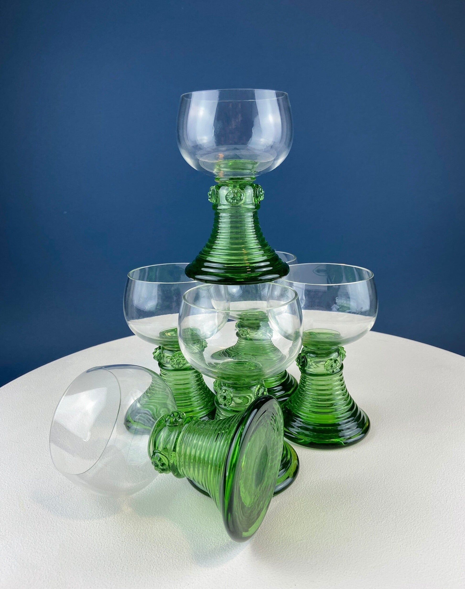 Hand Blown Wine, Water or Margarita Goblets. 6 Clear Bowls with Green Ribbed Stems. Roemer Green by CRISTAL D'ARQUES-DURAND. Wedding Gift. - Tampa Home & Garden Store