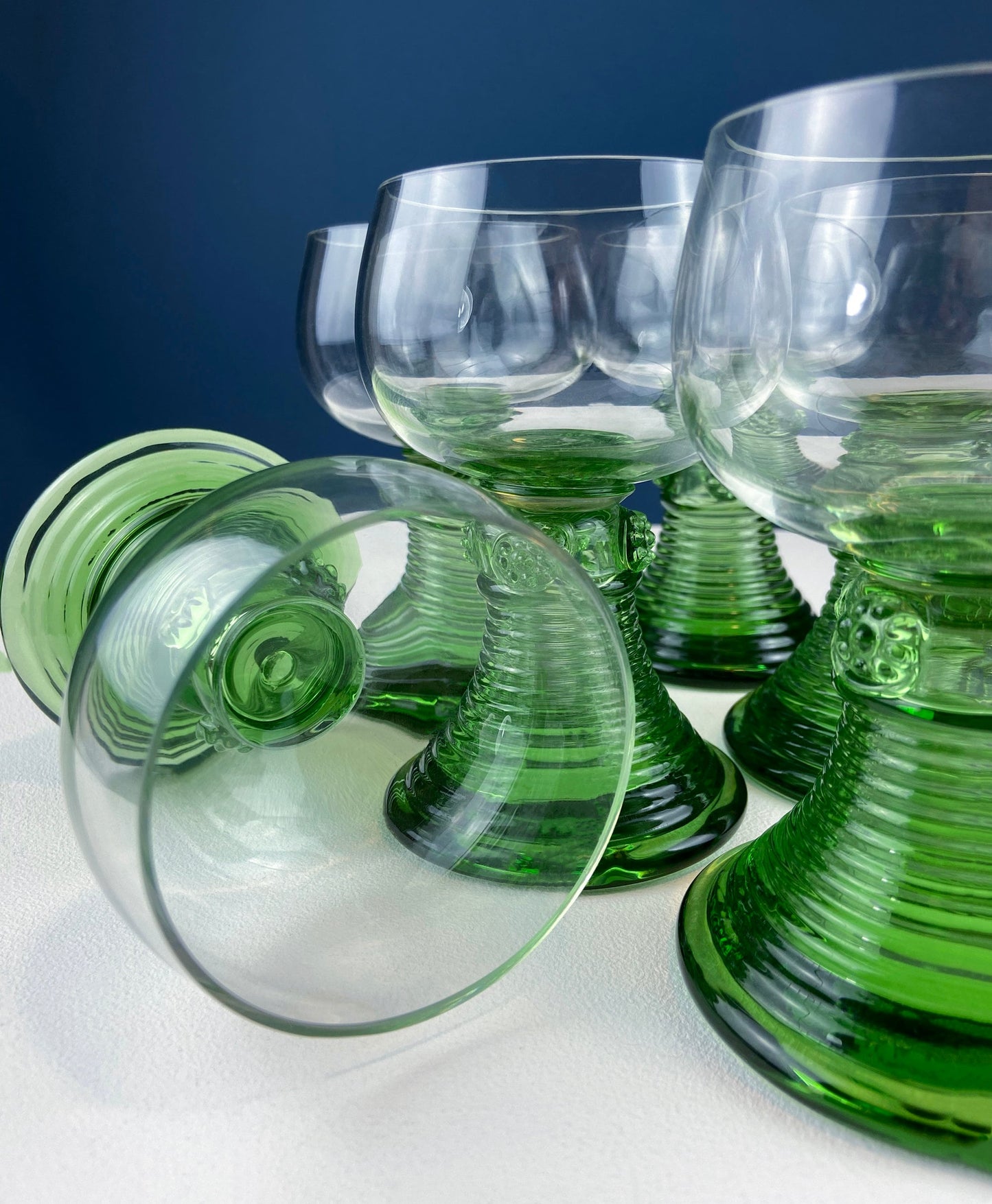 Hand Blown Wine, Water or Margarita Goblets. 6 Clear Bowls with Green Ribbed Stems. Roemer Green by CRISTAL D'ARQUES-DURAND. Wedding Gift. - Tampa Home & Garden Store