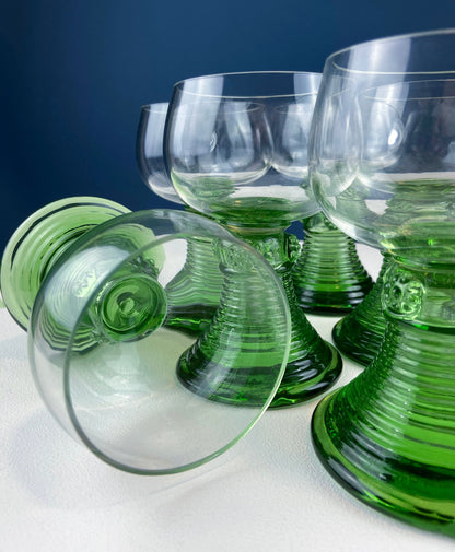 Hand Blown Wine, Water or Margarita Goblets. 6 Clear Bowls with Green Ribbed Stems. Roemer Green by CRISTAL D'ARQUES-DURAND. Wedding Gift. - Tampa Home & Garden Store