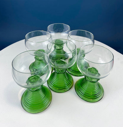 Hand Blown Wine, Water or Margarita Goblets. 6 Clear Bowls with Green Ribbed Stems. Roemer Green by CRISTAL D'ARQUES-DURAND. Wedding Gift. - Tampa Home & Garden Store