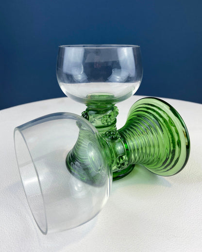 Hand Blown Wine, Water or Margarita Goblets. 6 Clear Bowls with Green Ribbed Stems. Roemer Green by CRISTAL D'ARQUES-DURAND. Wedding Gift. - Tampa Home & Garden Store