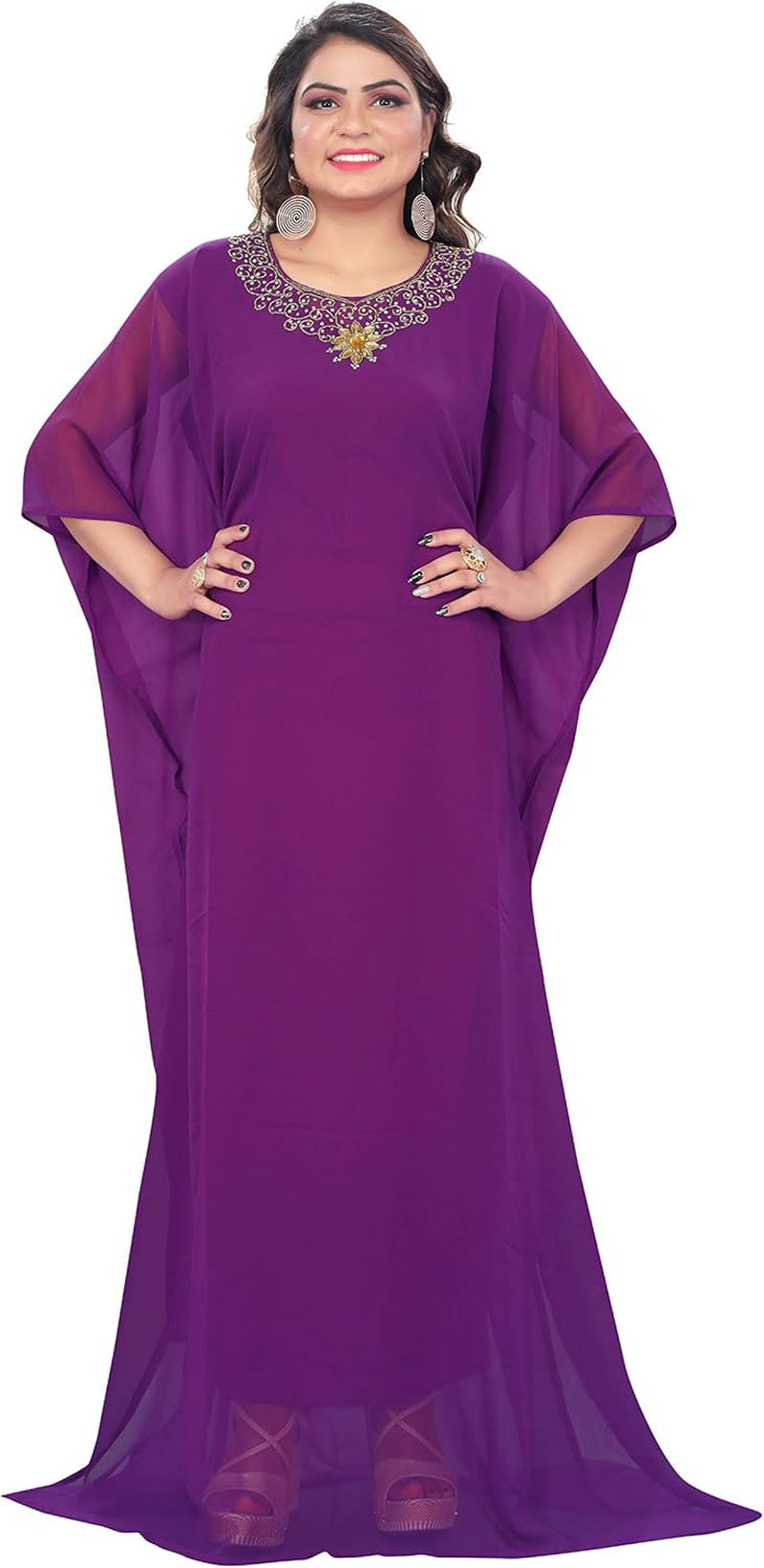 Hand-Embroidered Rhinestone Kaftan Dress – Georgette Chiffon, One Size Fits All, 58-60” Length - Tampa Home & Garden Store