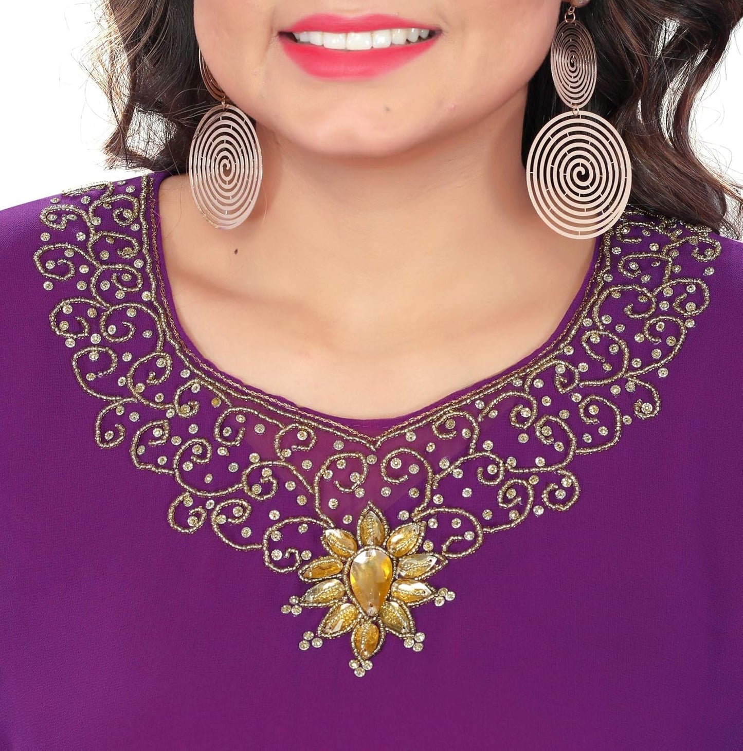 Hand-Embroidered Rhinestone Kaftan Dress – Georgette Chiffon, One Size Fits All, 58-60” Length - Tampa Home & Garden Store