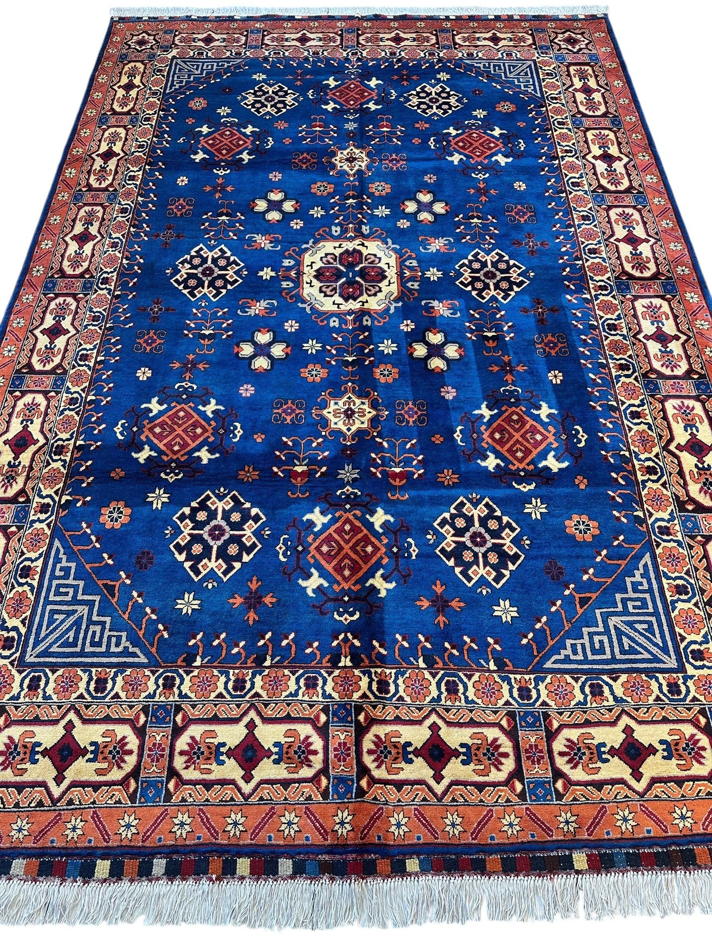 Hand-Knotted Afghan Kazak Rug – 6'6" x 9'7" – Vibrant Geometric Design in 100% Wool - Tampa Home & Garden Store