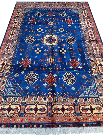 Hand-Knotted Afghan Kazak Rug – 6'6" x 9'7" – Vibrant Geometric Design in 100% Wool - Tampa Home & Garden Store