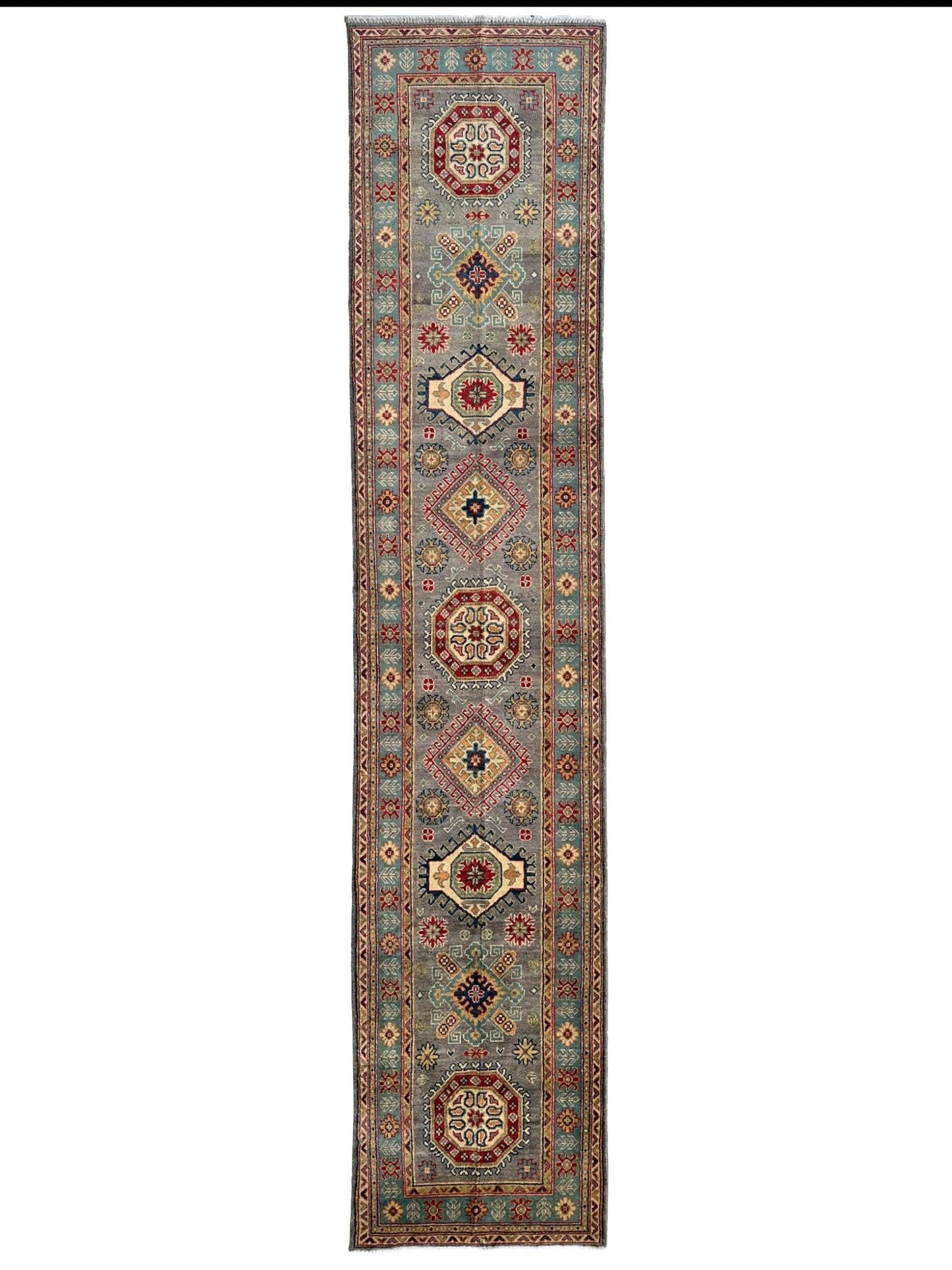 Hand-Knotted Afghan Kazak Wool Runner Rug – 2'7" x 12'3" – Traditional Geometric Design - Tampa Home & Garden Store