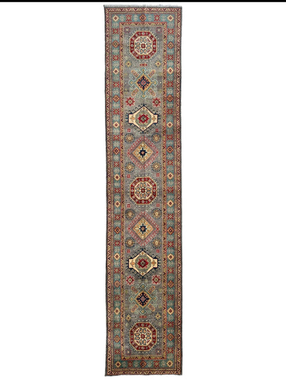 Hand-Knotted Afghan Kazak Wool Runner Rug – 2'7" x 12'3" – Traditional Geometric Design - Tampa Home & Garden Store