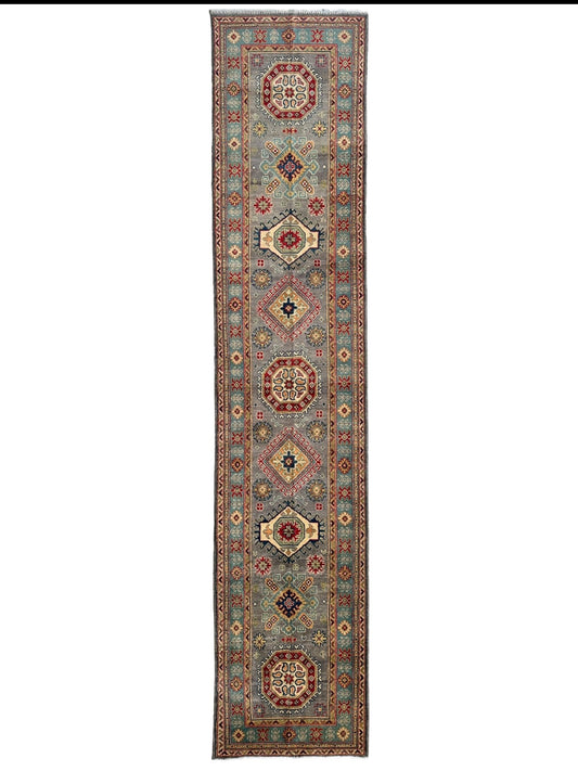Hand-Knotted Afghan Kazak Wool Runner Rug – 2'7" x 12'3" – Traditional Geometric Design - Tampa Home & Garden Store