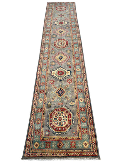 Hand-Knotted Afghan Kazak Wool Runner Rug – 2'7" x 12'3" – Traditional Geometric Design - Tampa Home & Garden Store