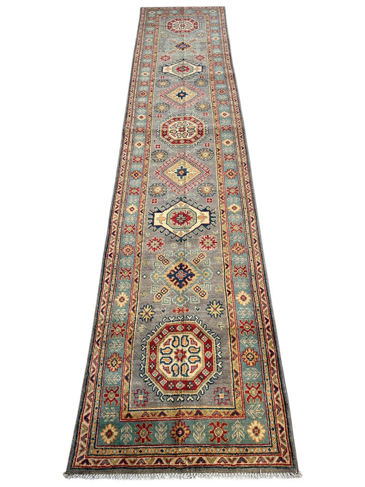 Hand-Knotted Afghan Kazak Wool Runner Rug – 2'7" x 12'3" – Traditional Geometric Design - Tampa Home & Garden Store