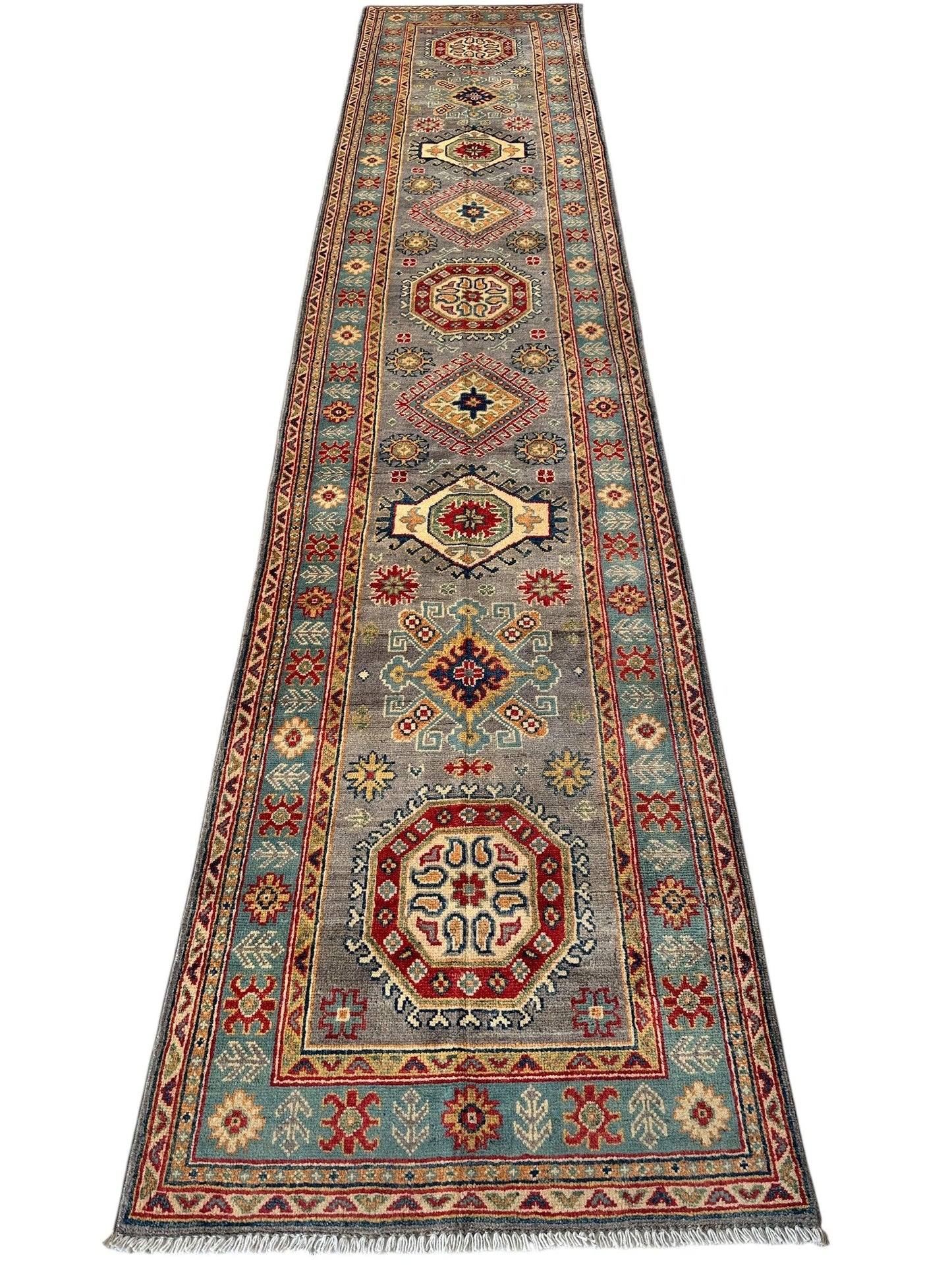 Hand-Knotted Afghan Kazak Wool Runner Rug – 2'7" x 12'3" – Traditional Geometric Design - Tampa Home & Garden Store