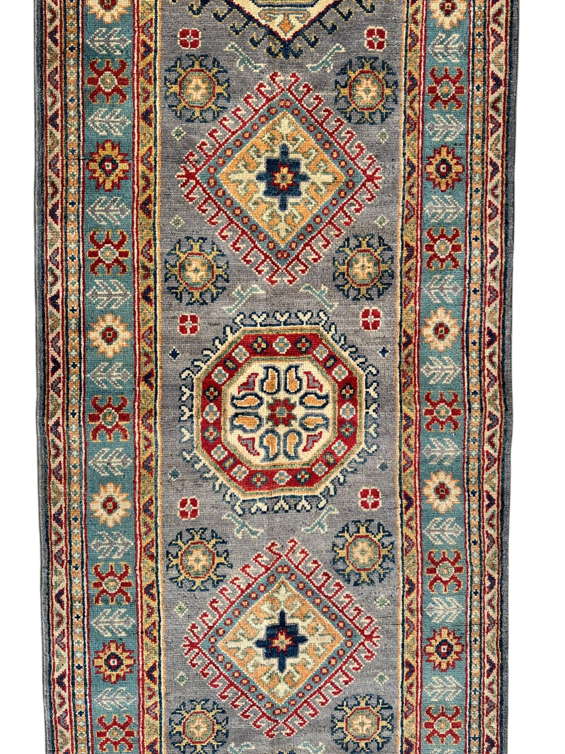 Hand-Knotted Afghan Kazak Wool Runner Rug – 2'7" x 12'3" – Traditional Geometric Design - Tampa Home & Garden Store