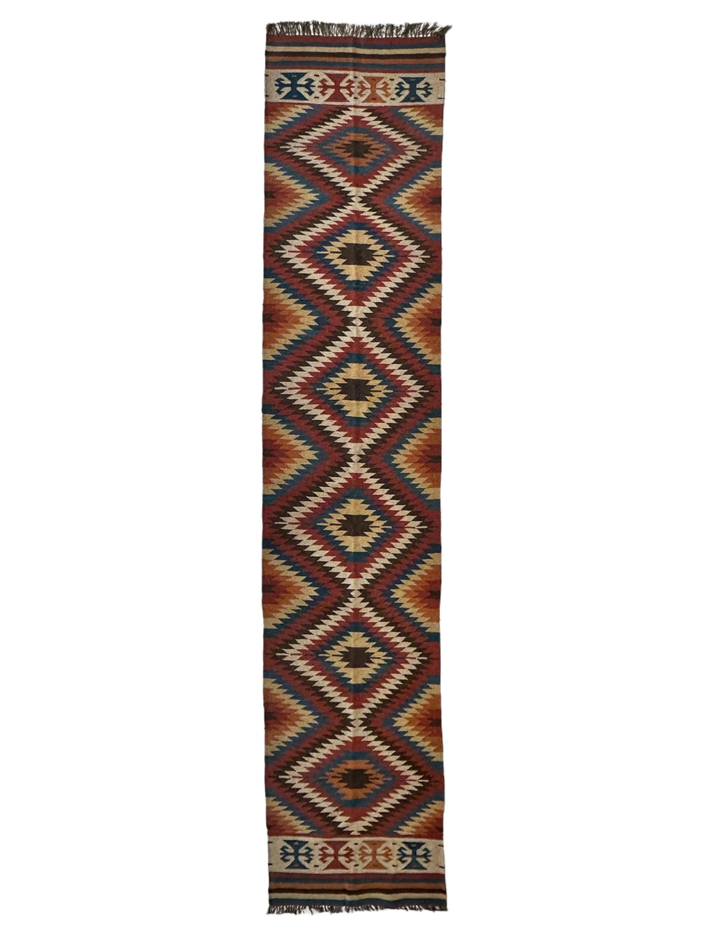 Hand-Knotted Afghan Kilim Wool Runner Rug – 2’8” x 12’4” – Vintage Full Geometric Design - Tampa Home & Garden Store