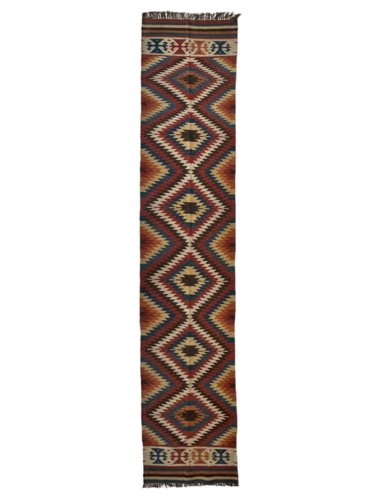 Hand-Knotted Afghan Kilim Wool Runner Rug – 2’8” x 12’4” – Vintage Full Geometric Design - Tampa Home & Garden Store