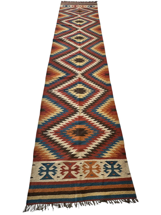 Hand-Knotted Afghan Kilim Wool Runner Rug – 2’8” x 12’4” – Vintage Full Geometric Design - Tampa Home & Garden Store