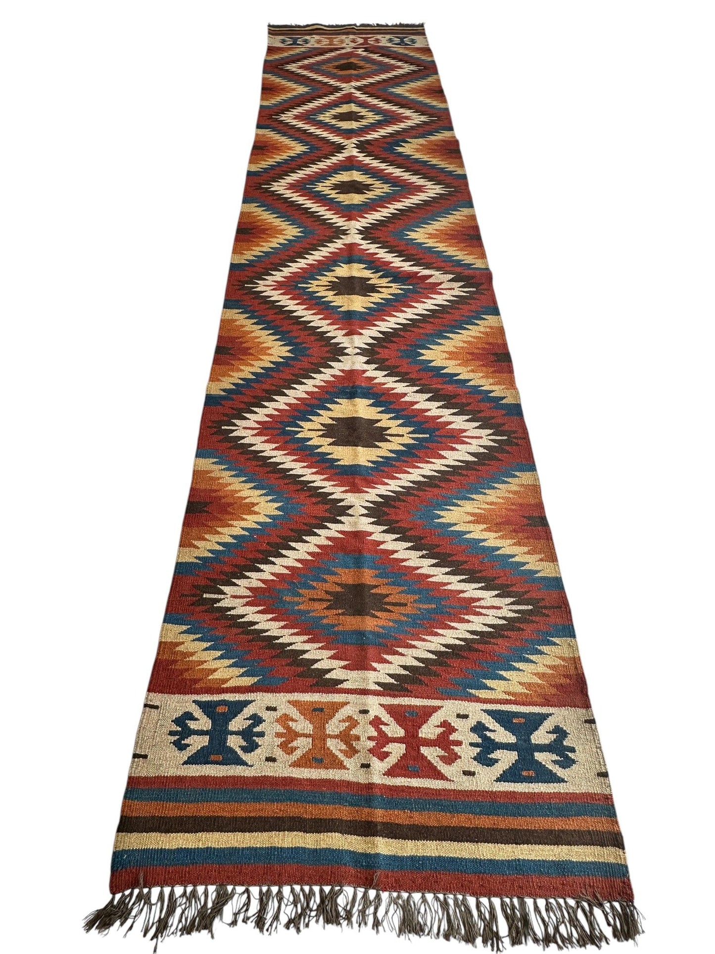 Hand-Knotted Afghan Kilim Wool Runner Rug – 2’8” x 12’4” – Vintage Full Geometric Design - Tampa Home & Garden Store