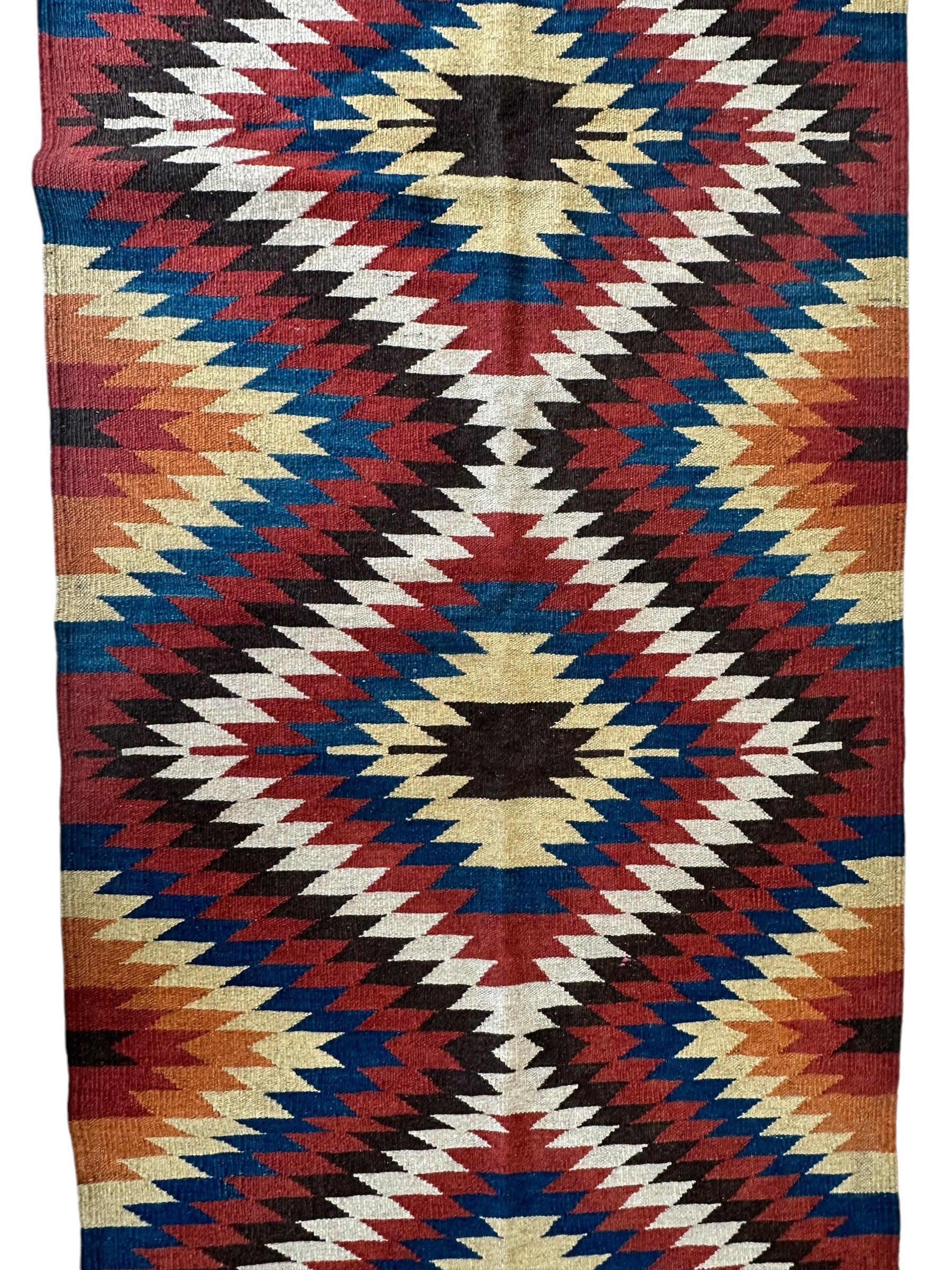 Hand-Knotted Afghan Kilim Wool Runner Rug – 2’8” x 12’4” – Vintage Full Geometric Design - Tampa Home & Garden Store
