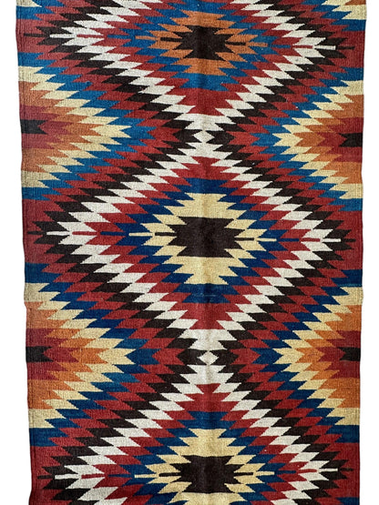 Hand-Knotted Afghan Kilim Wool Runner Rug – 2’8” x 12’4” – Vintage Full Geometric Design - Tampa Home & Garden Store