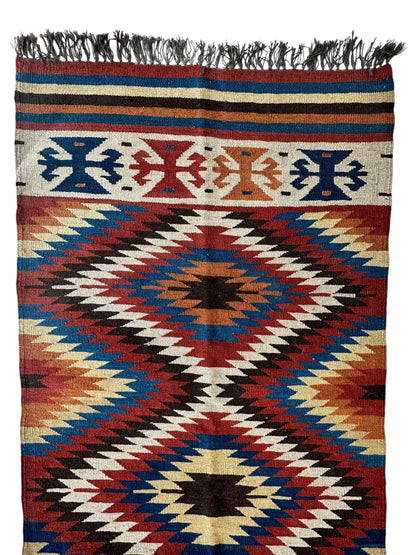 Hand-Knotted Afghan Kilim Wool Runner Rug – 2’8” x 12’4” – Vintage Full Geometric Design - Tampa Home & Garden Store