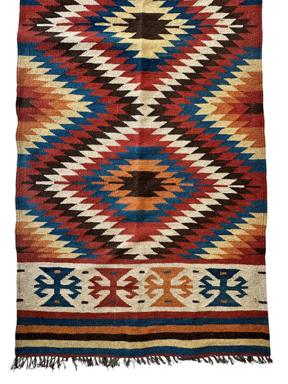 Hand-Knotted Afghan Kilim Wool Runner Rug – 2’8” x 12’4” – Vintage Full Geometric Design - Tampa Home & Garden Store