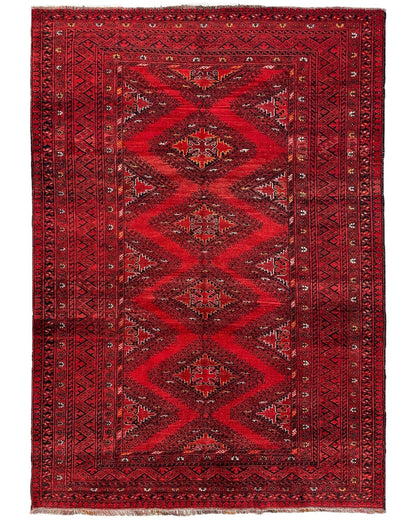 Hand-Knotted Afghan Turkoman Waziri Wool Rug – 6'9" x 9'6" – Vintage Red Elegance - Tampa Home & Garden Store