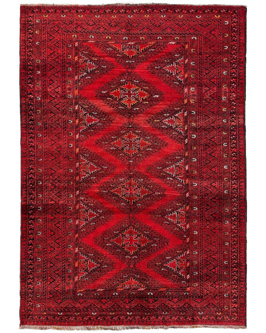 Hand-Knotted Afghan Turkoman Waziri Wool Rug – 6'9" x 9'6" – Vintage Red Elegance - Tampa Home & Garden Store