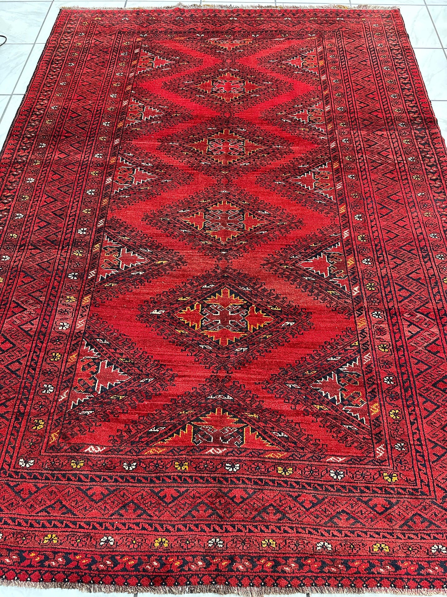 Hand-Knotted Afghan Turkoman Waziri Wool Rug – 6'9" x 9'6" – Vintage Red Elegance - Tampa Home & Garden Store