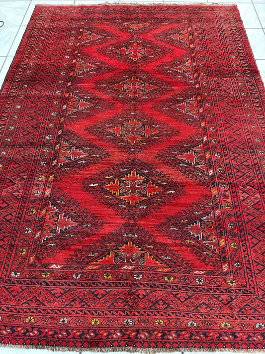 Hand-Knotted Afghan Turkoman Waziri Wool Rug – 6'9" x 9'6" – Vintage Red Elegance - Tampa Home & Garden Store