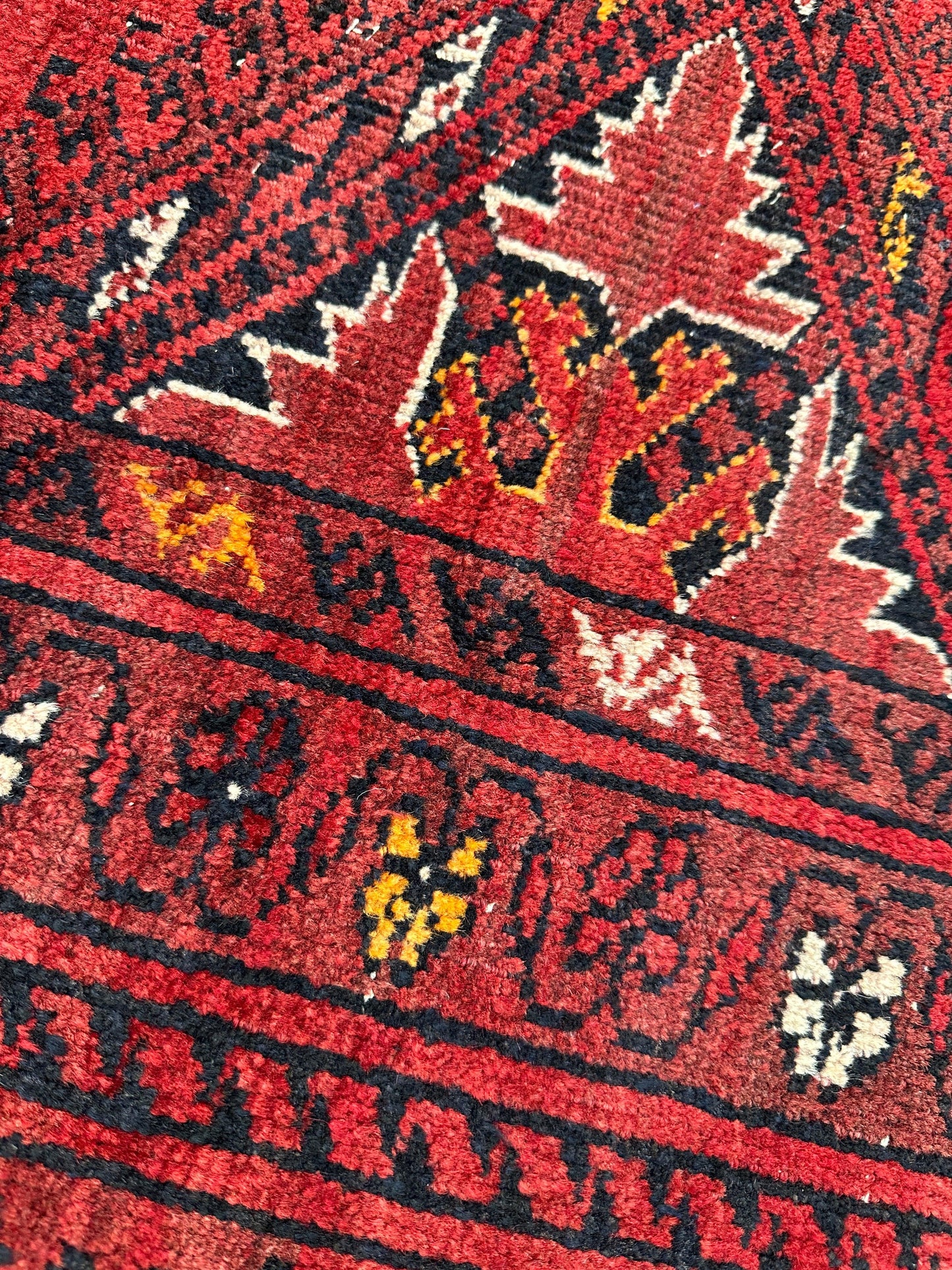 Hand-Knotted Afghan Turkoman Waziri Wool Rug – 6'9" x 9'6" – Vintage Red Elegance - Tampa Home & Garden Store