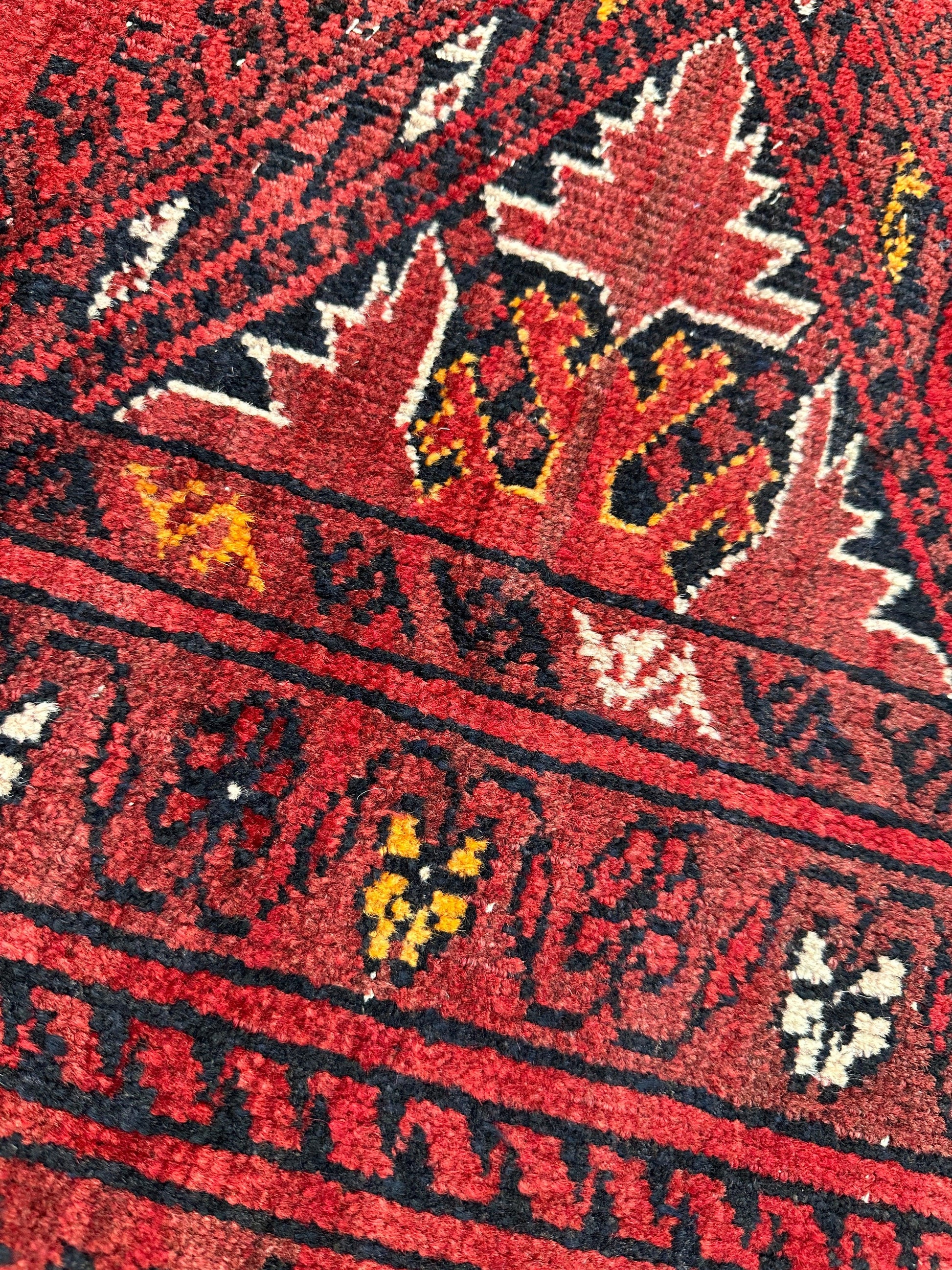 Hand-Knotted Afghan Turkoman Waziri Wool Rug – 6'9" x 9'6" – Vintage Red Elegance - Tampa Home & Garden Store