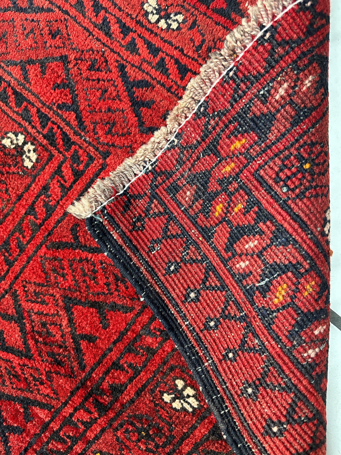 Hand-Knotted Afghan Turkoman Waziri Wool Rug – 6'9" x 9'6" – Vintage Red Elegance - Tampa Home & Garden Store