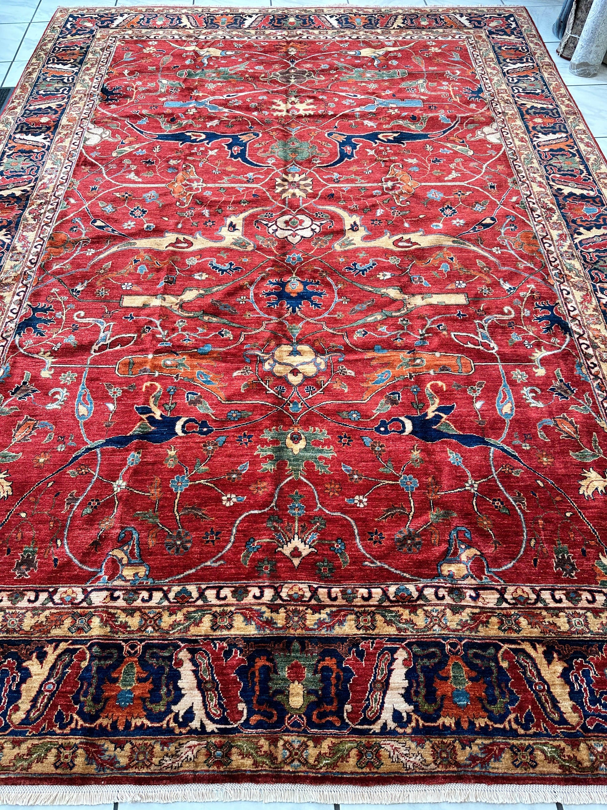 Hand-Knotted Afghani Bidjar Wool Rug – 9’x12’6” – Intricate Geometric & Floral Motifs - Tampa Home & Garden Store