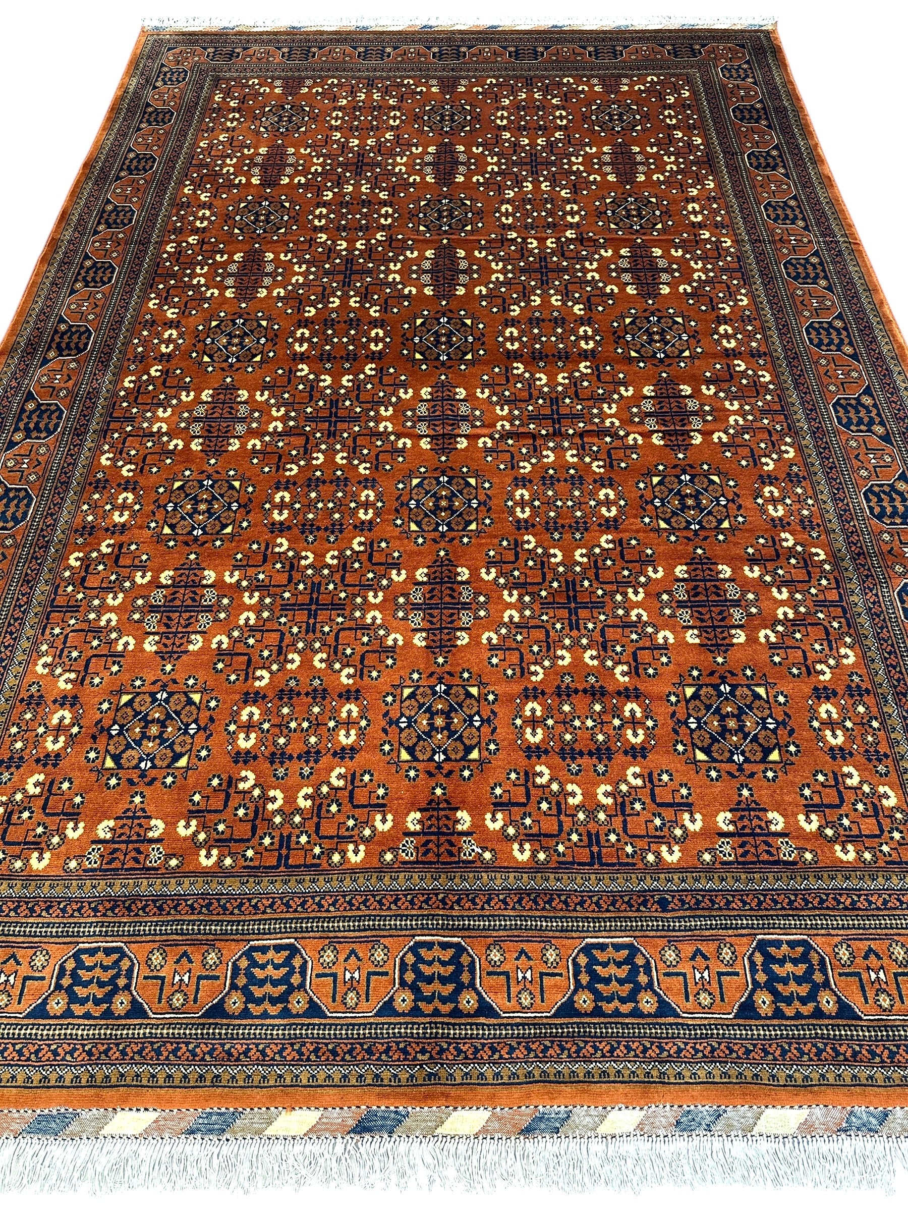Hand-Knotted Afghani Bukharayi Rug | 6'7" x 10' Wool Area Carpet – Traditional Geometric Design - Tampa Home & Garden Store