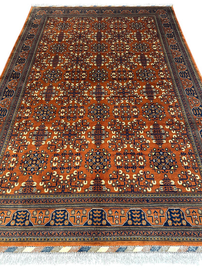Hand-Knotted Afghani Bukharayi Rug | 6'7" x 10' Wool Area Carpet – Traditional Geometric Design - Tampa Home & Garden Store