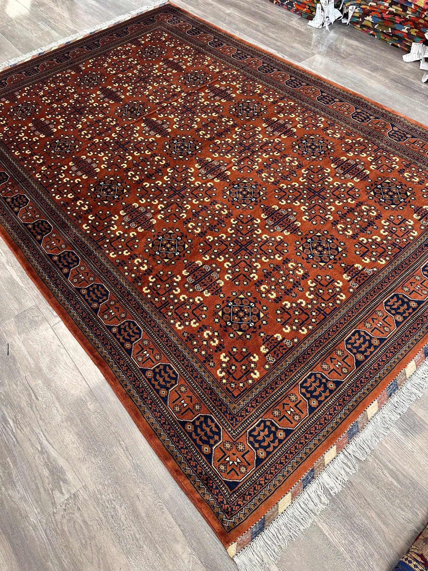 Hand-Knotted Afghani Bukharayi Rug | 6'7" x 10' Wool Area Carpet – Traditional Geometric Design - Tampa Home & Garden Store