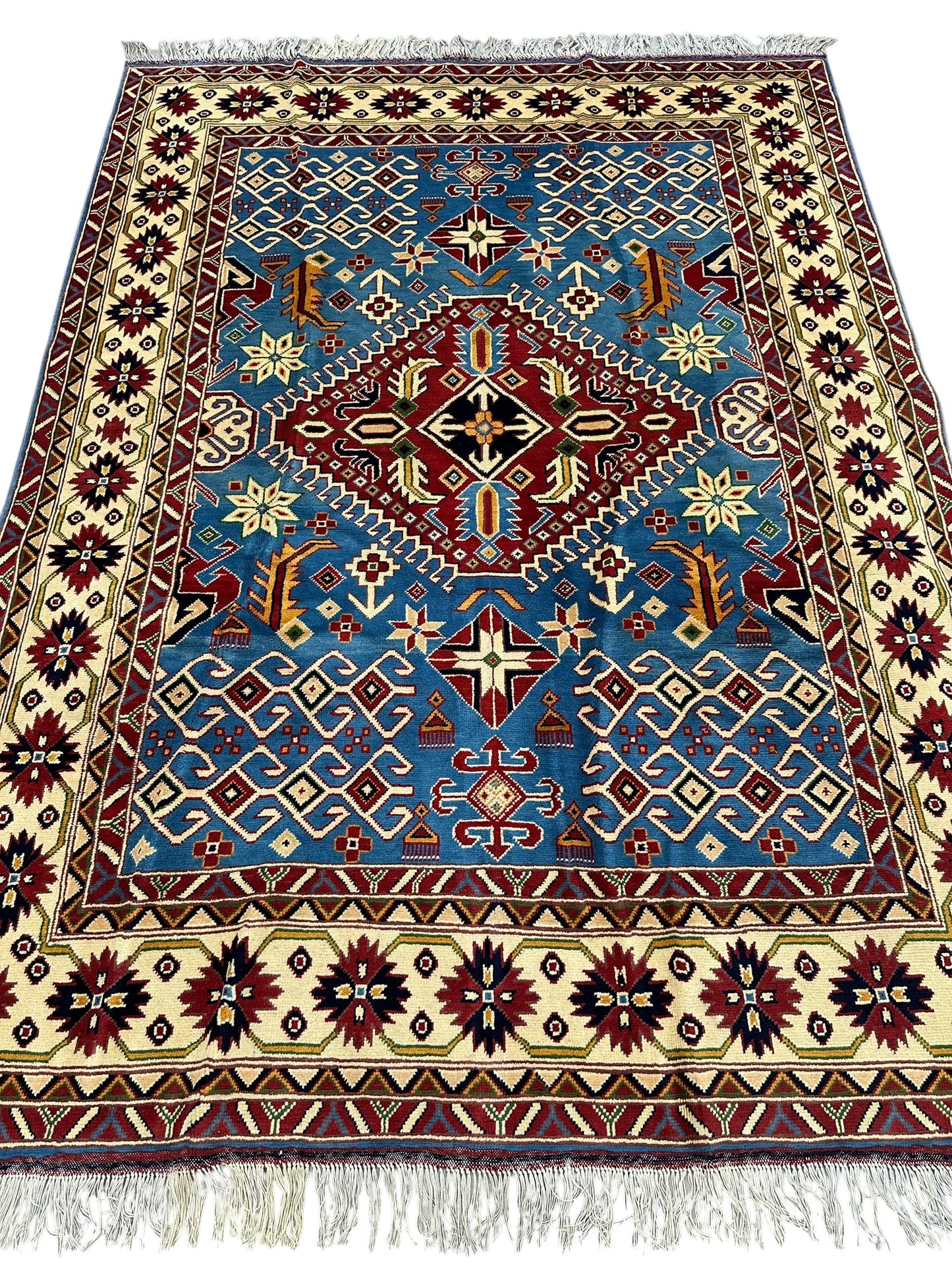 Hand-Knotted Afghani Kazak Wool Rug – 5’0″  x  6’10″ - Tampa Home & Garden Store