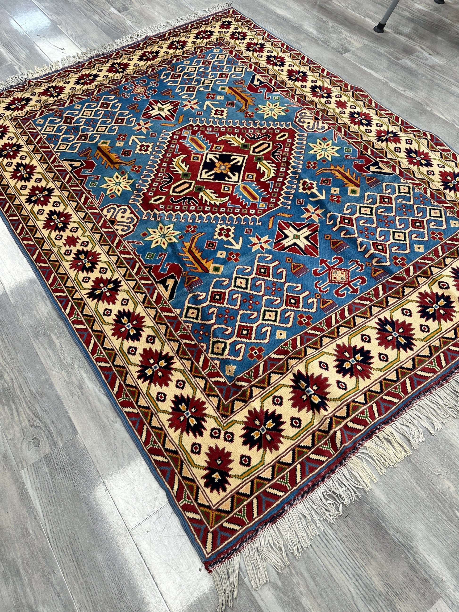 Hand-Knotted Afghani Kazak Wool Rug – 5’0″  x  6’10″ - Tampa Home & Garden Store
