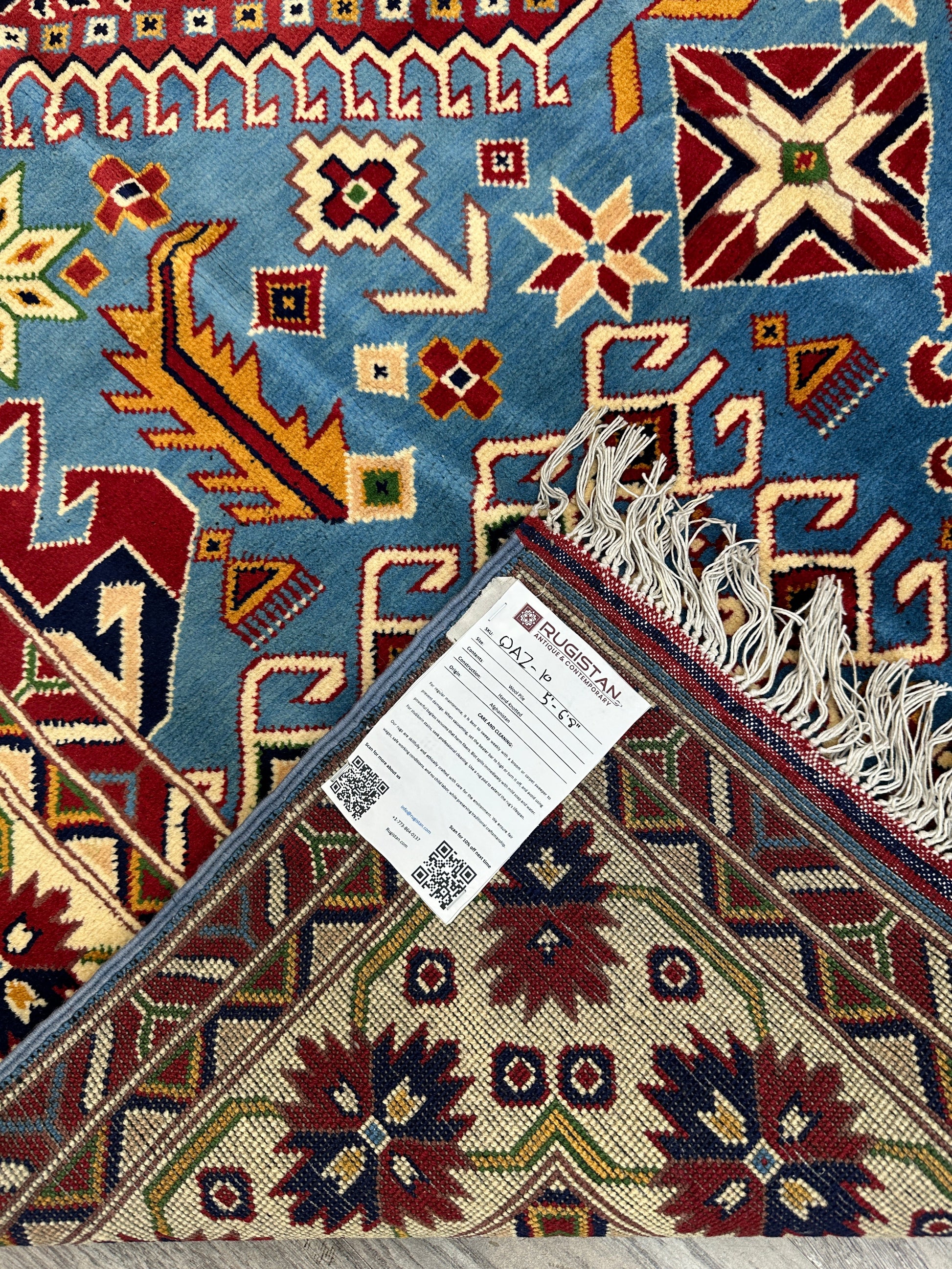 Hand-Knotted Afghani Kazak Wool Rug – 5’0″  x  6’10″ - Tampa Home & Garden Store