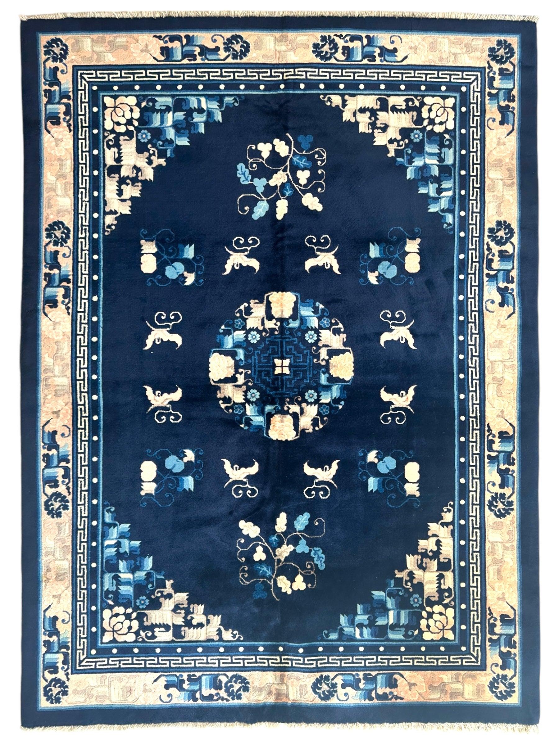 Hand-Knotted Antique Chinese Peking Wool Rug – 5’6” x 7’6” – Full Pile Navy and Cream Design - Tampa Home & Garden Store