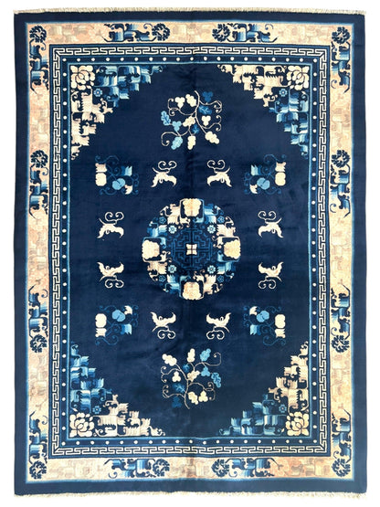 Hand-Knotted Antique Chinese Peking Wool Rug – 5’6” x 7’6” – Full Pile Navy and Cream Design - Tampa Home & Garden Store